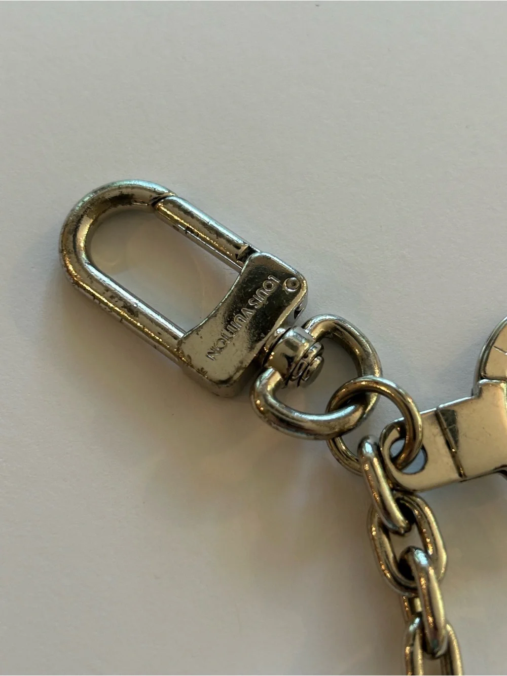 Louis Vuitton Silver Metal LV Logo Keyring Charm